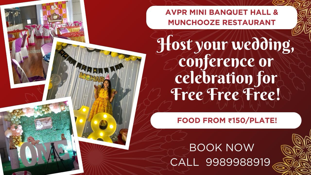 "Spacious banquet hall with modern lighting, large windows, and seating for 200 guests in Anantapur, Andhra Pradesh"